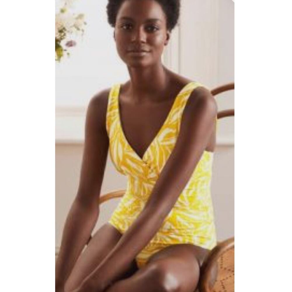 Boden Women's SZ 10L Talamanca 1 Piece Swimsuit Yellow White Ruched Flattering - Picture 3 of 6